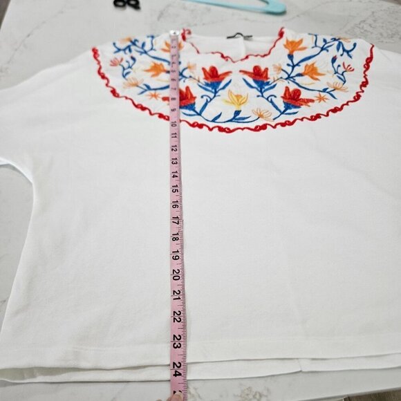 Zara Embroidered Floral Top Sweater Long Sleeve Sz Large White Boho Cottagecore - Picture 8 of 10